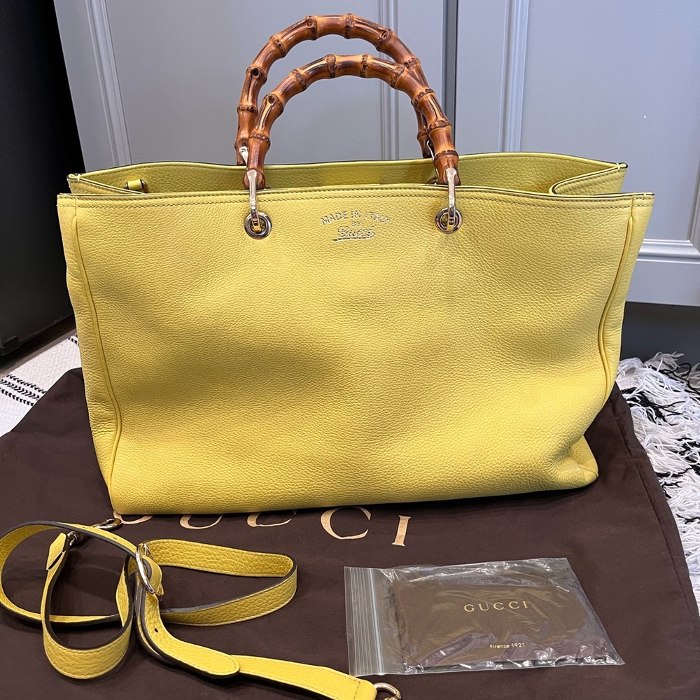 Authentic Yellow Gucci Bamboo Shopper Tote Leather Large